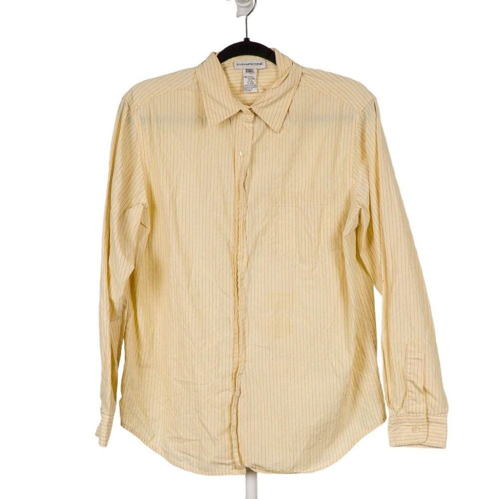 Evan Picone 100% Cotton Button Down Pastel Yellow Vertical Stripes Long Sleeve
